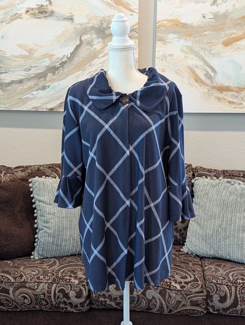 Women's Navy Windowpane Button-Front Top